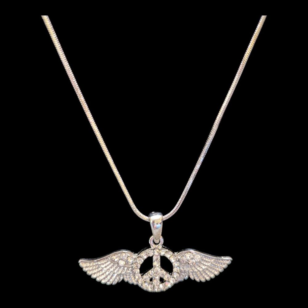 Silver Winged Peace Sign Necklace Rhinestone Peace Pendant Necklace